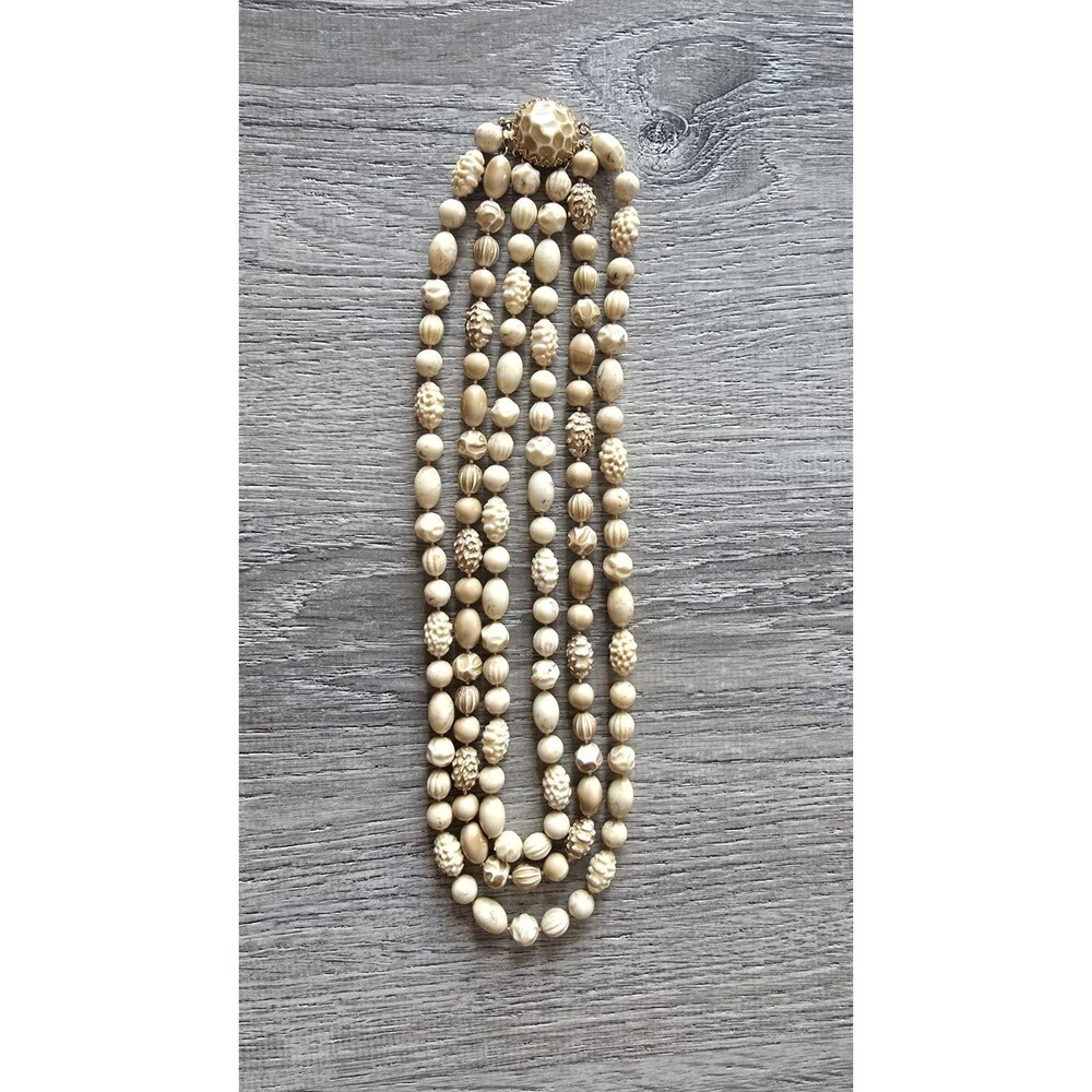 Smooth & Carved 3 Strand Vintage Tan or Cream Plastic Bead Necklace